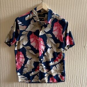 Banana Republic Navy and Pink Leaf Print Shirt